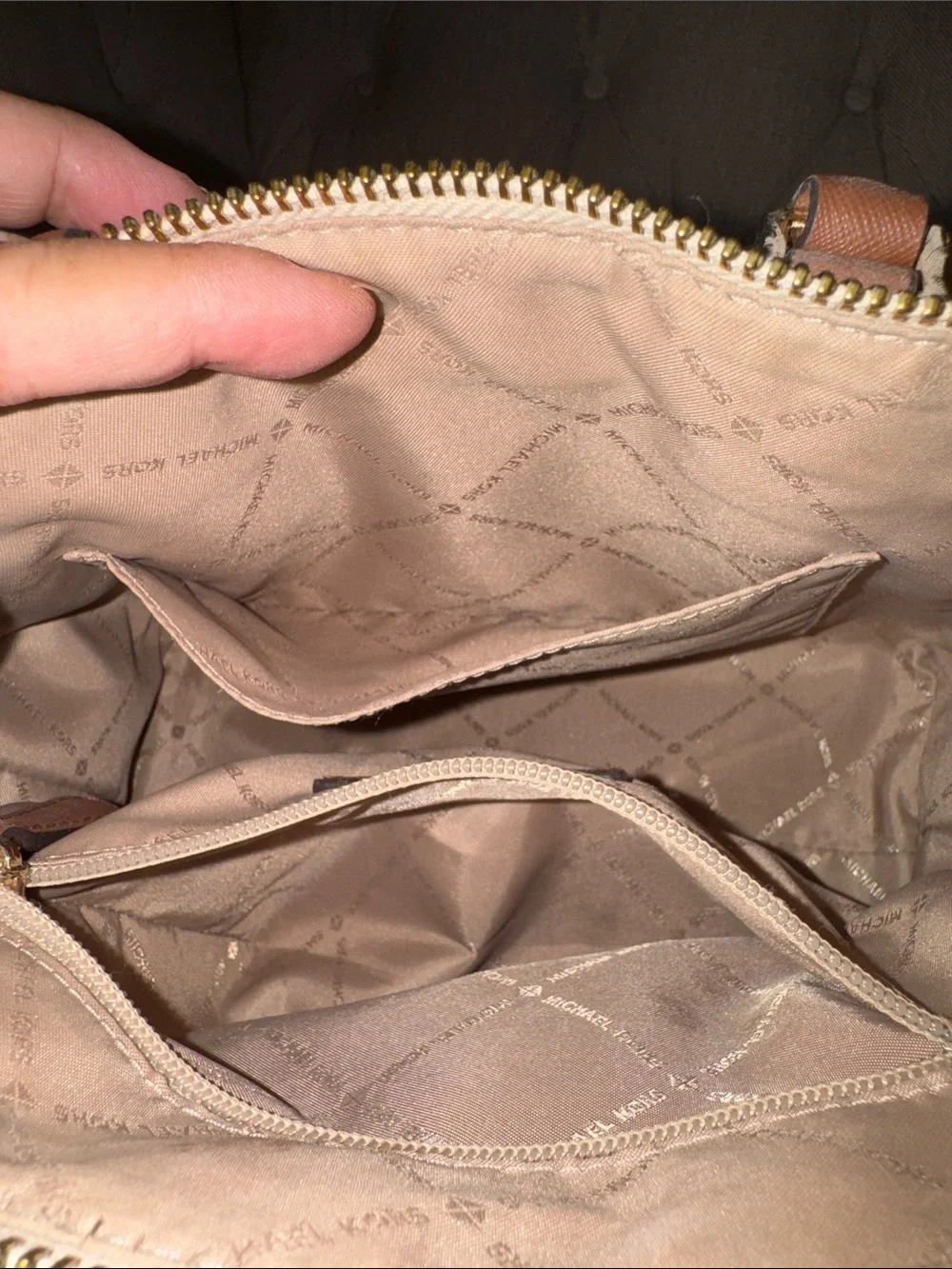 Michael Kors Brown & Beige Signature Dome Satchel with Gold Hardware